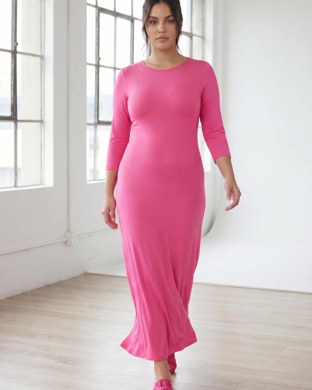 Model wearing Nuggles® MaxiLayering Dress in Pink
