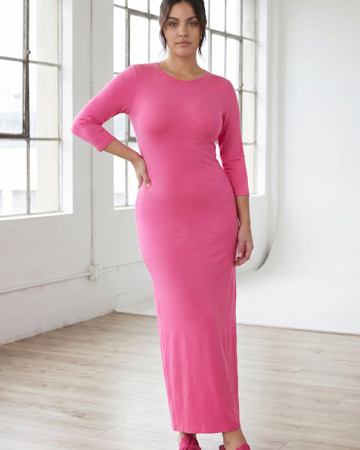 Model wearing Nuggles® MaxiLayering Dress in Pink