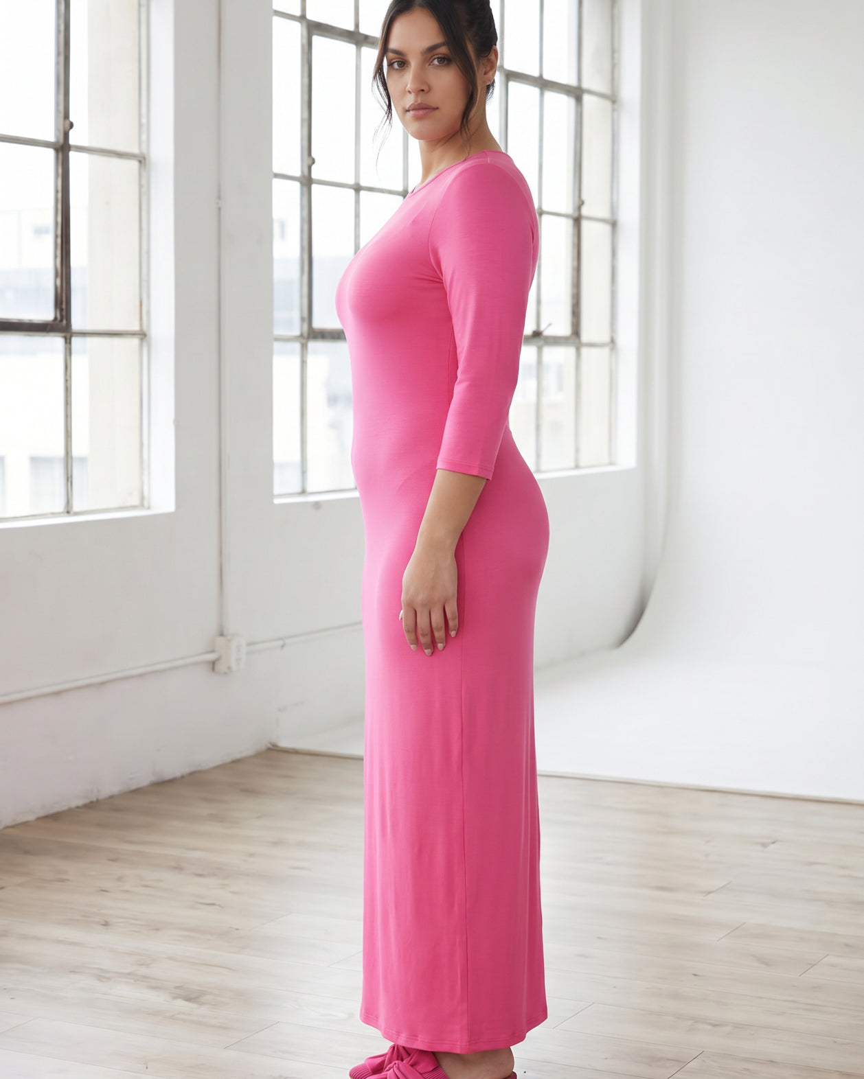 Model wearing Nuggles® MaxiLayering Dress in Pink