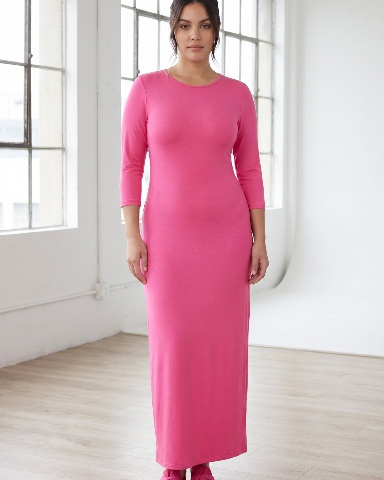 Model wearing Nuggles® MaxiLayering Dress in Pink