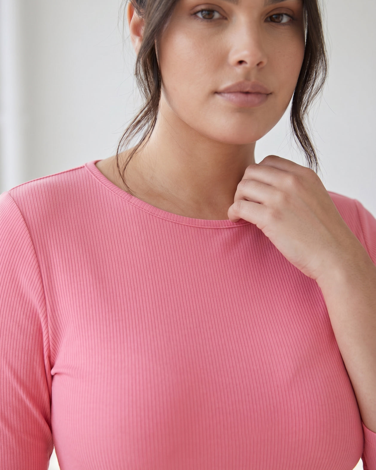 Model wearing Nuggles® 3/4 Essential Ribbed Tee in Pink