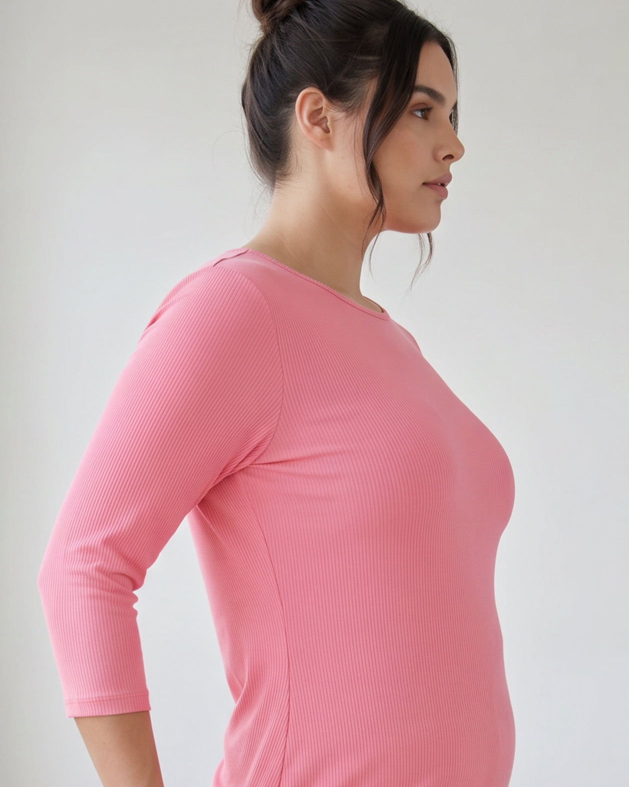 Model wearing Nuggles® 3/4 Essential Ribbed Tee in Pink