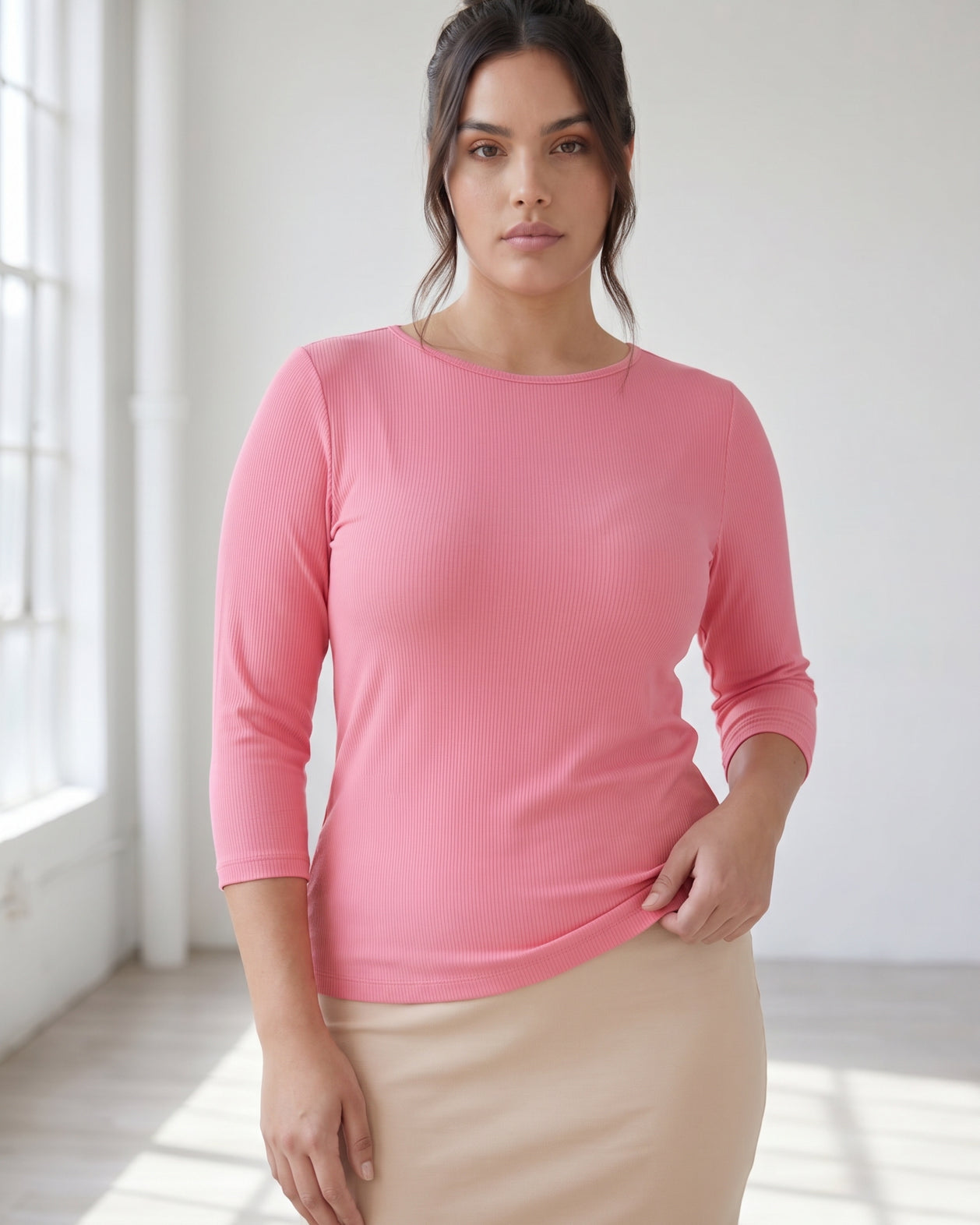 Model wearing Nuggles® 3/4 Essential Ribbed Tee in Pink
