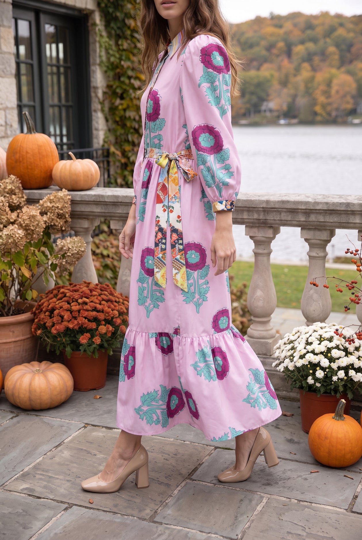 Model wearing Nuggles® Leila Dress in Plum Poppy