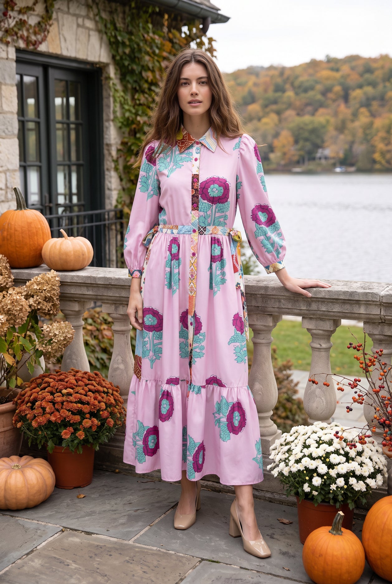 Model wearing Nuggles® Leila Dress in Plum Poppy
