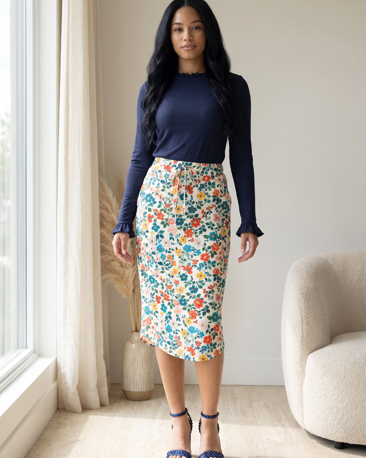 Model wearing Nuggles® 31" Drawstring Skirt in Posy Lane