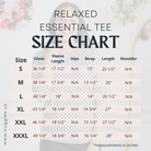 Nuggles® Relaxed Essential Tee size chart with measurements