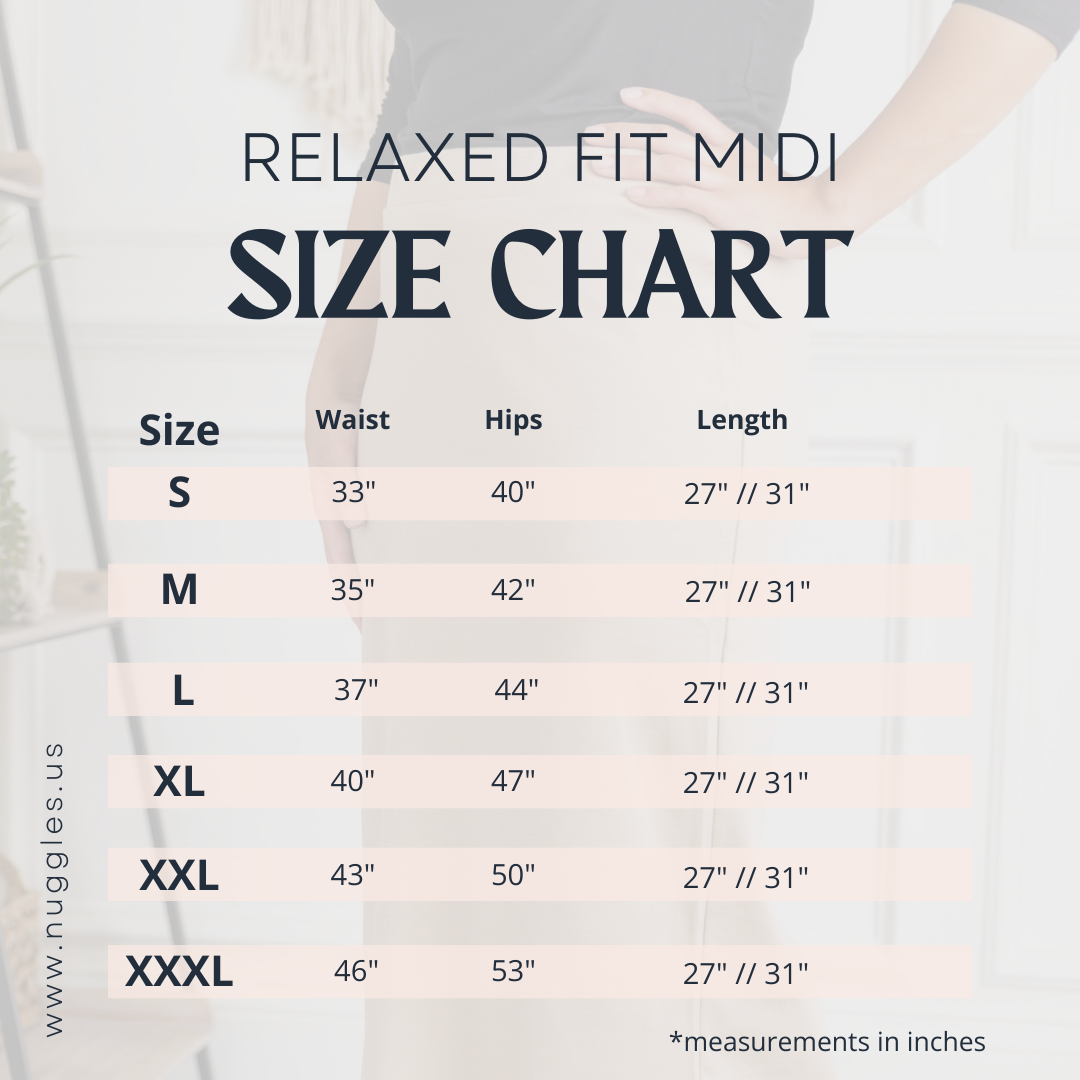 Relaxed Fit Midi skirt size chart with waist, hip, and length measurements for sizes S to XXXL.