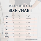Relaxed Fit Midi skirt size chart with waist, hip, and length measurements for sizes S to XXXL.