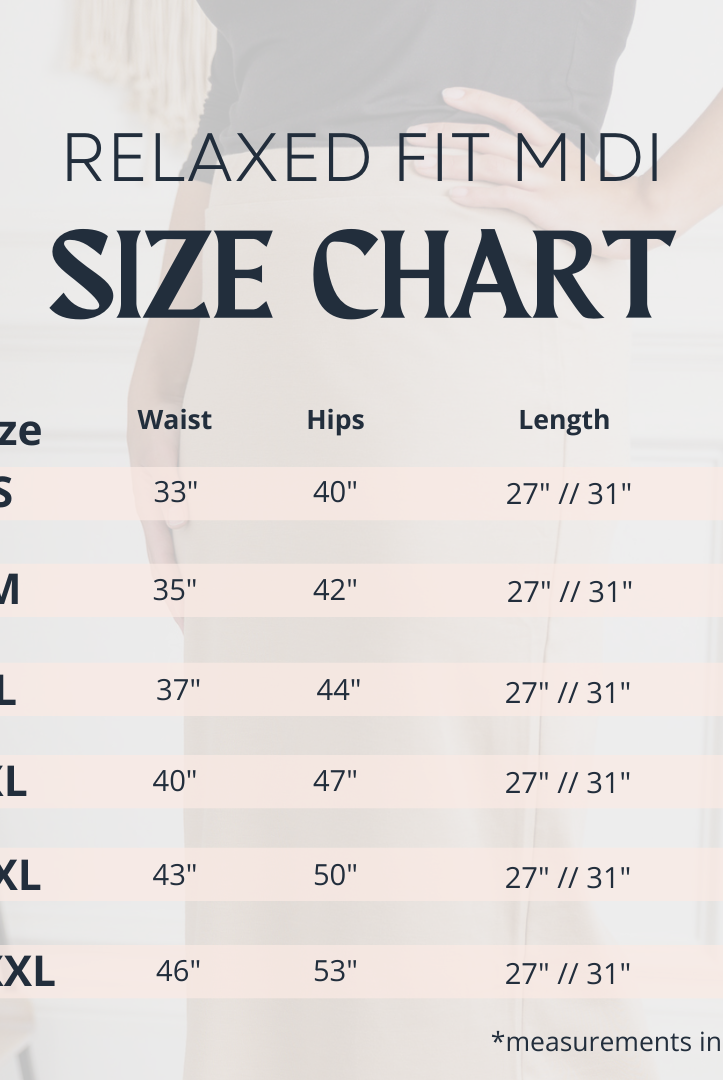 Relaxed Fit Midi Skirt size chart – waist, hip, and length measurements for sizes S to XXXL from Nuggles®. Available in 27" and 31" lengths.
