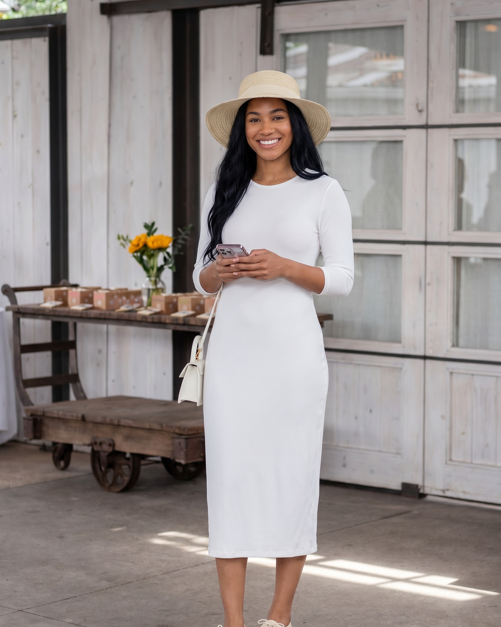Woman in a white dress and hat standing in front of a rustic wooden door.