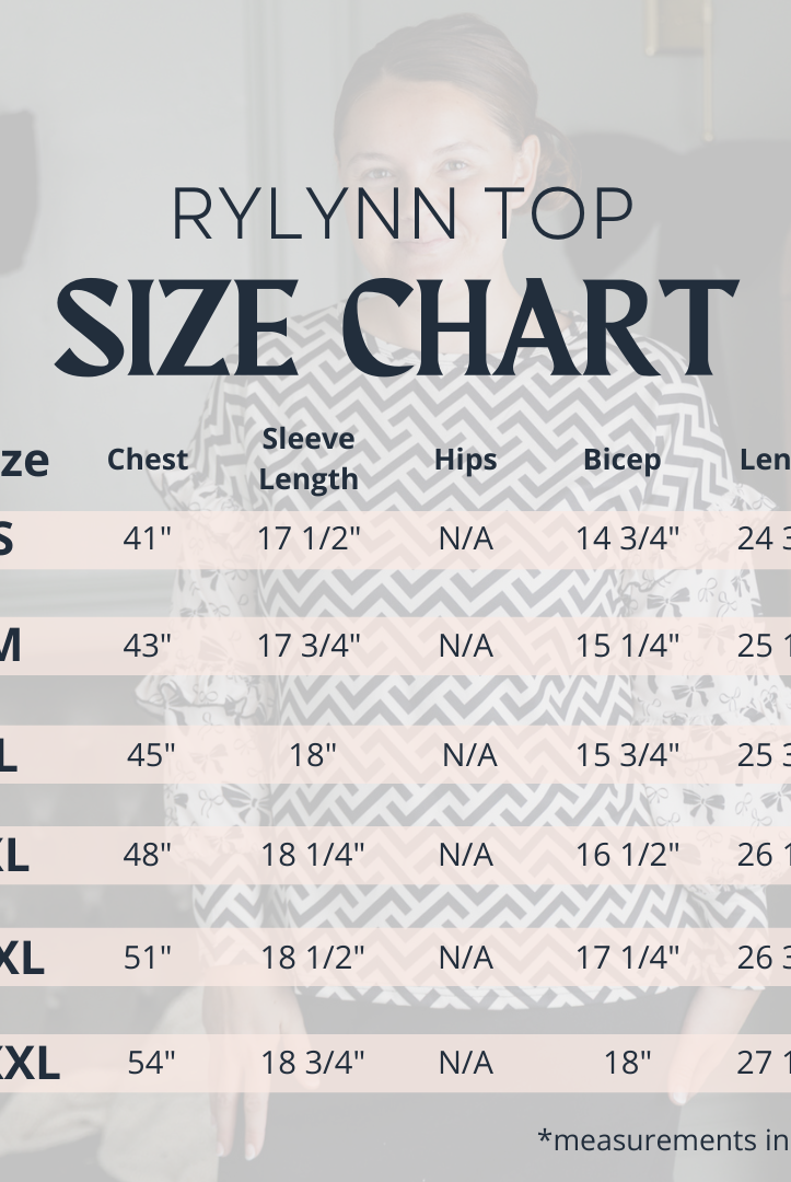 Rilynn Top by Nuggles® sizing guide with measurement chart for accurate fit