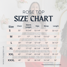 Nuggles® Rose Top size chart – women’s modest tunic top measurements including chest, sleeve length, hips, bicep, and overall length for sizes S to XXXL.