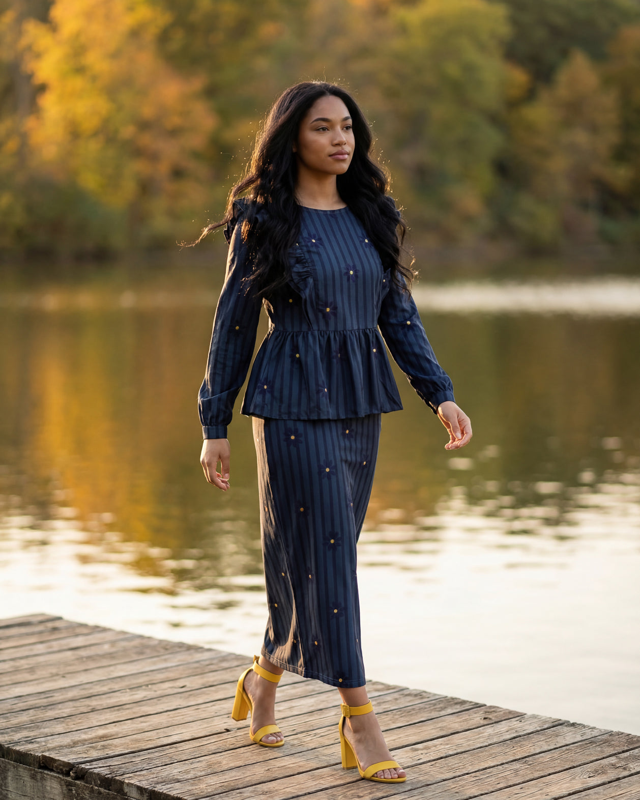 Model wearing the Nuggles® Rae Top in Pinstripe Ditsy