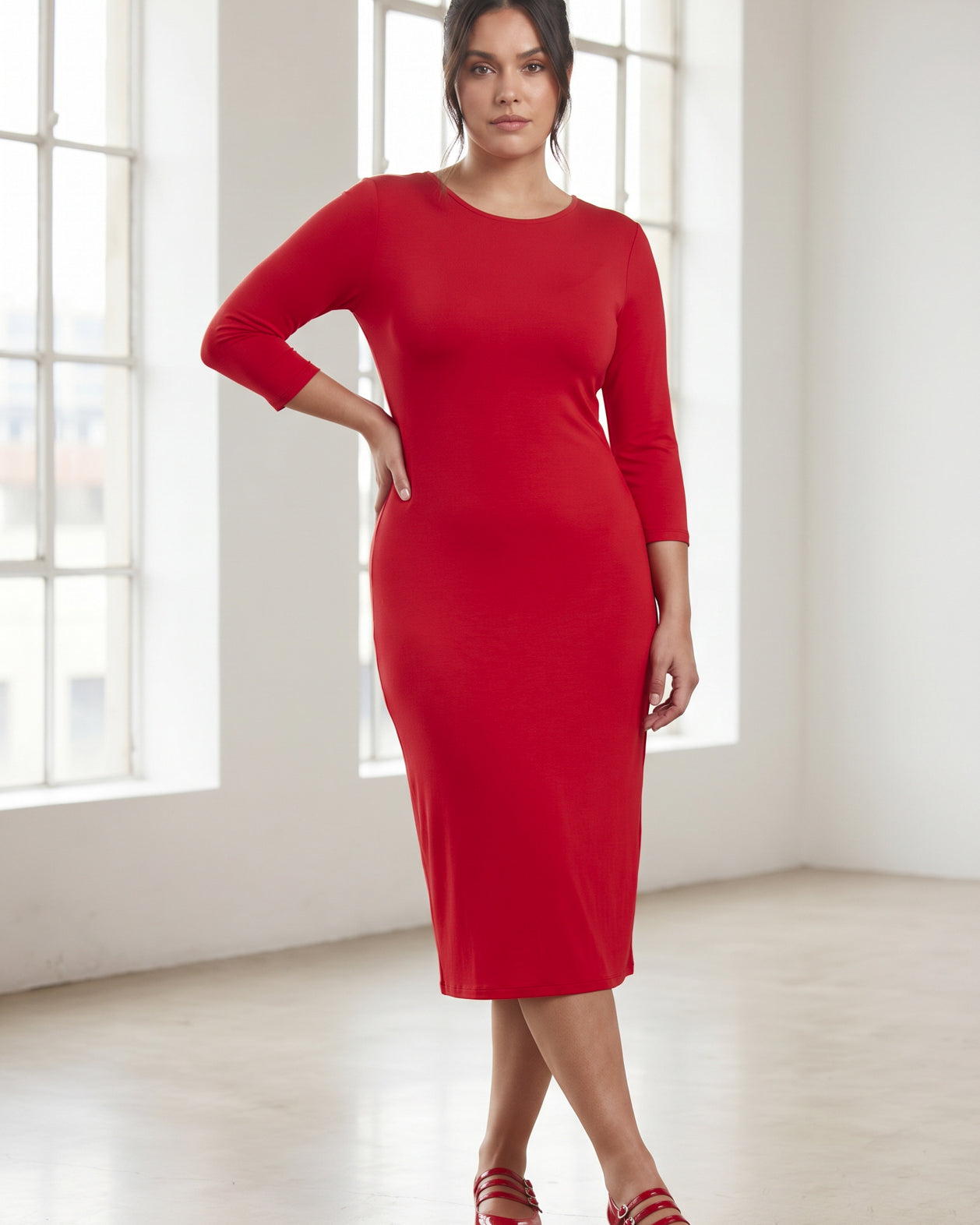 Model wearing Nuggles® Midi Layering Dress in Red