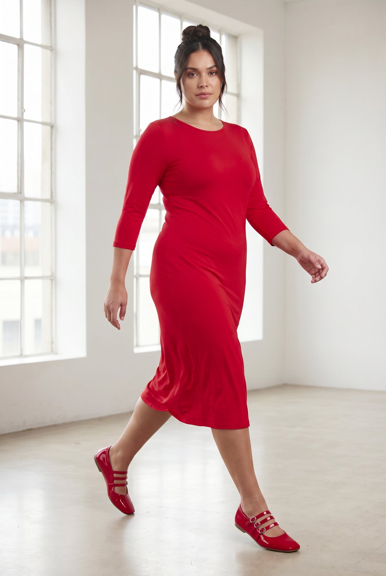 Model wearing Nuggles® Midi Layering Dress in Red