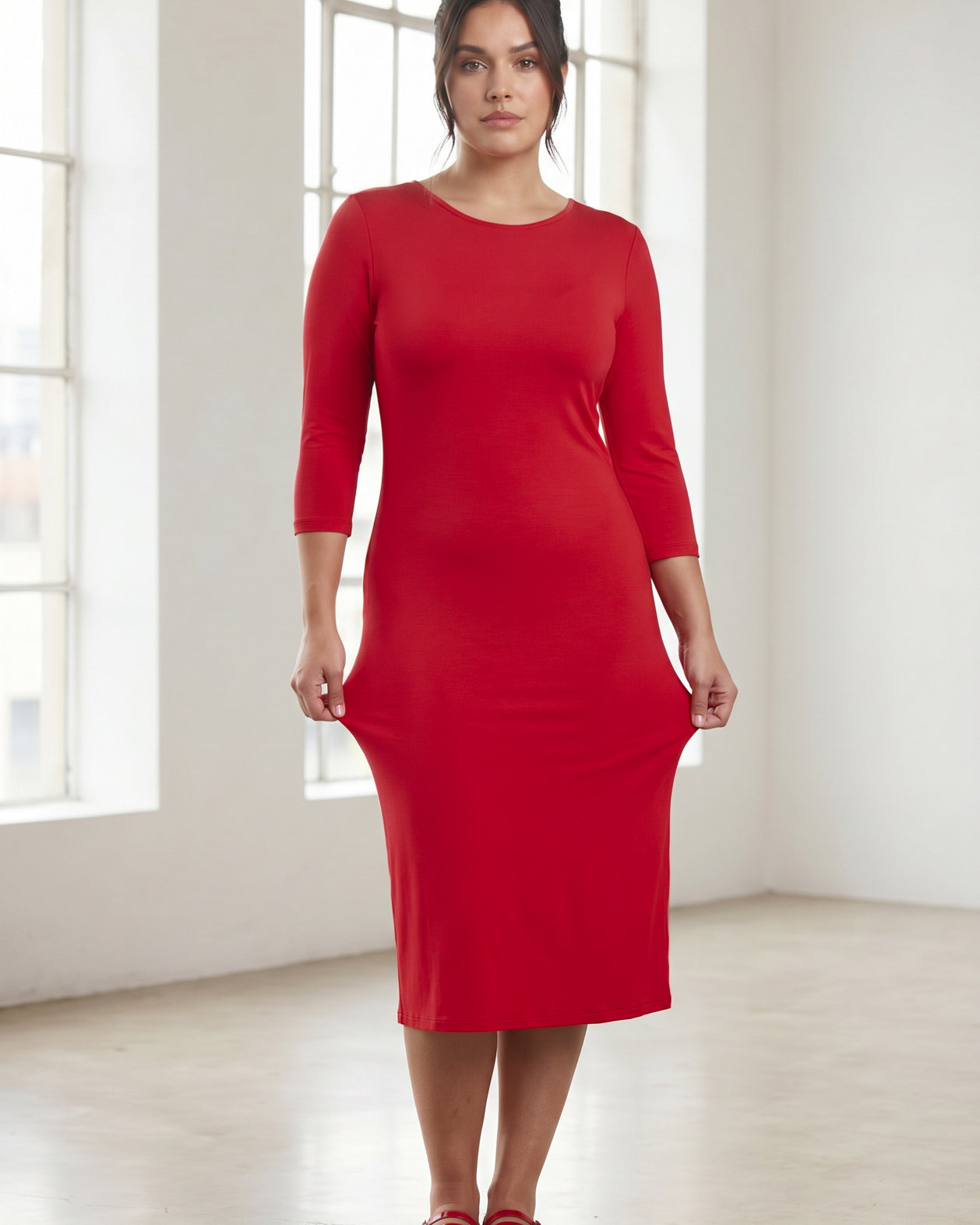 Model wearing Nuggles® Midi Layering Dress in Red
