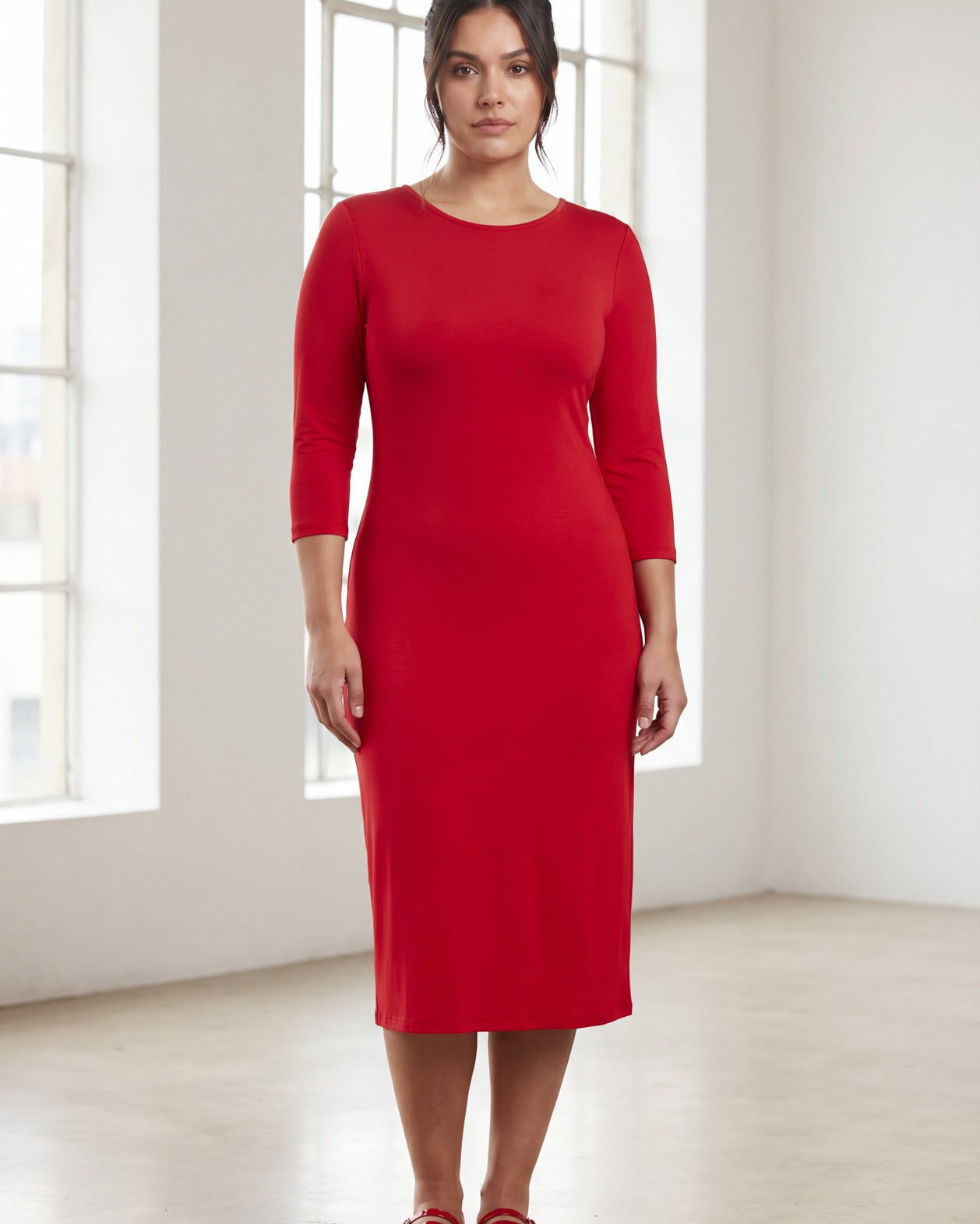 Model wearing Nuggles® Midi Layering Dress in Red