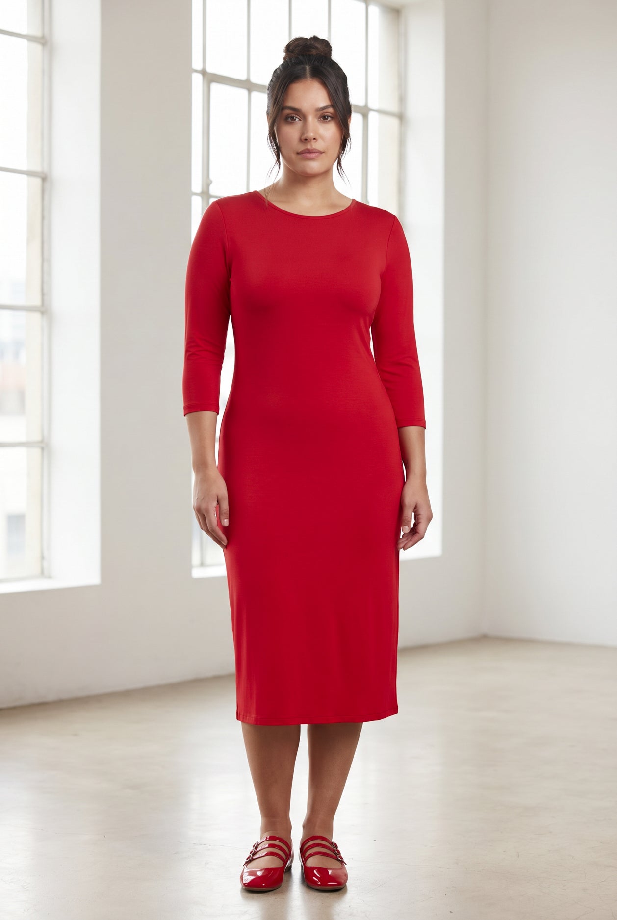 Model wearing Nuggles® Midi Layering Dress in Red