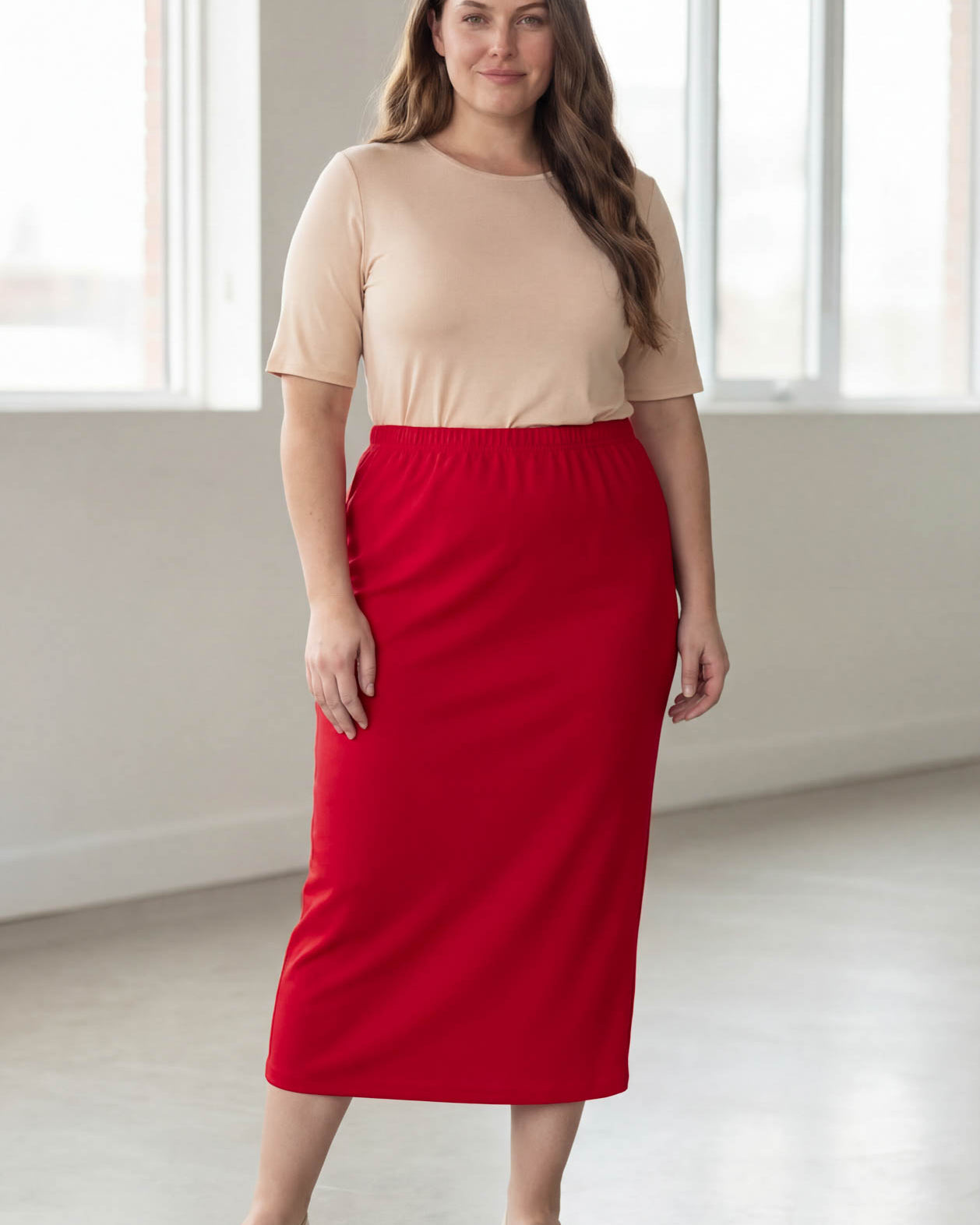 Model wearing Nuggles® 34" Classic Skirt in Red