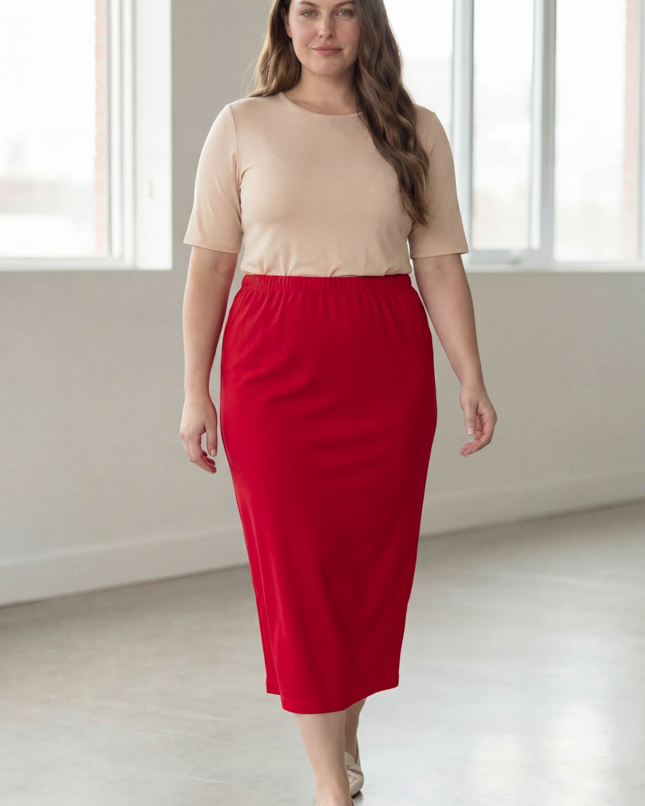 Model wearing Nuggles® 34" Classic Skirt in Red