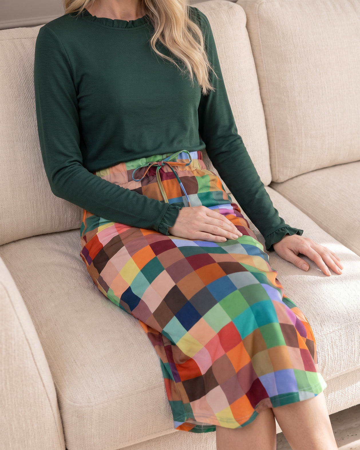 Model wearing Nuggles® 31" Drawstring Skirt in Retro Mosaic