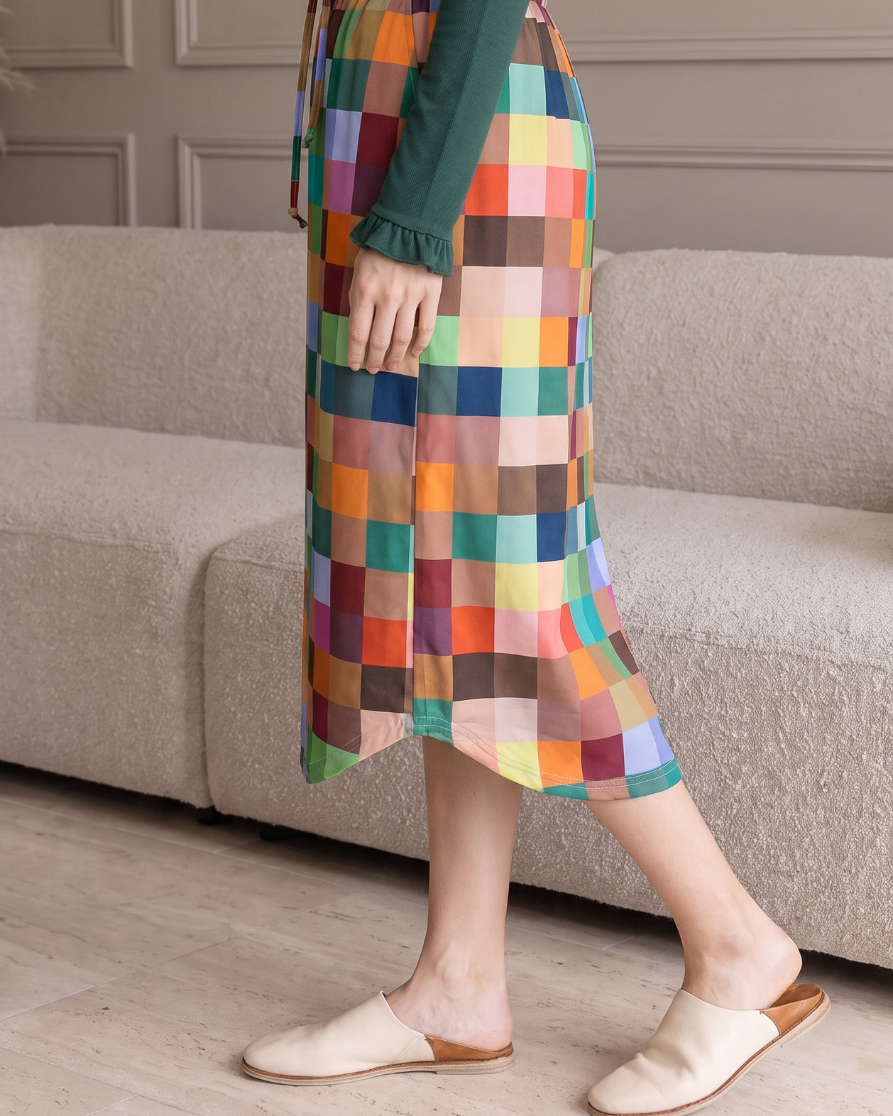 Model wearing Nuggles® 31" Drawstring Skirt in Retro Mosaic