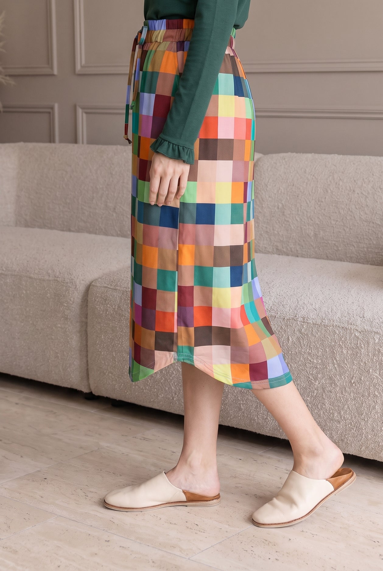 Model wearing Nuggles® 31" Drawstring Skirt in Retro Mosaic