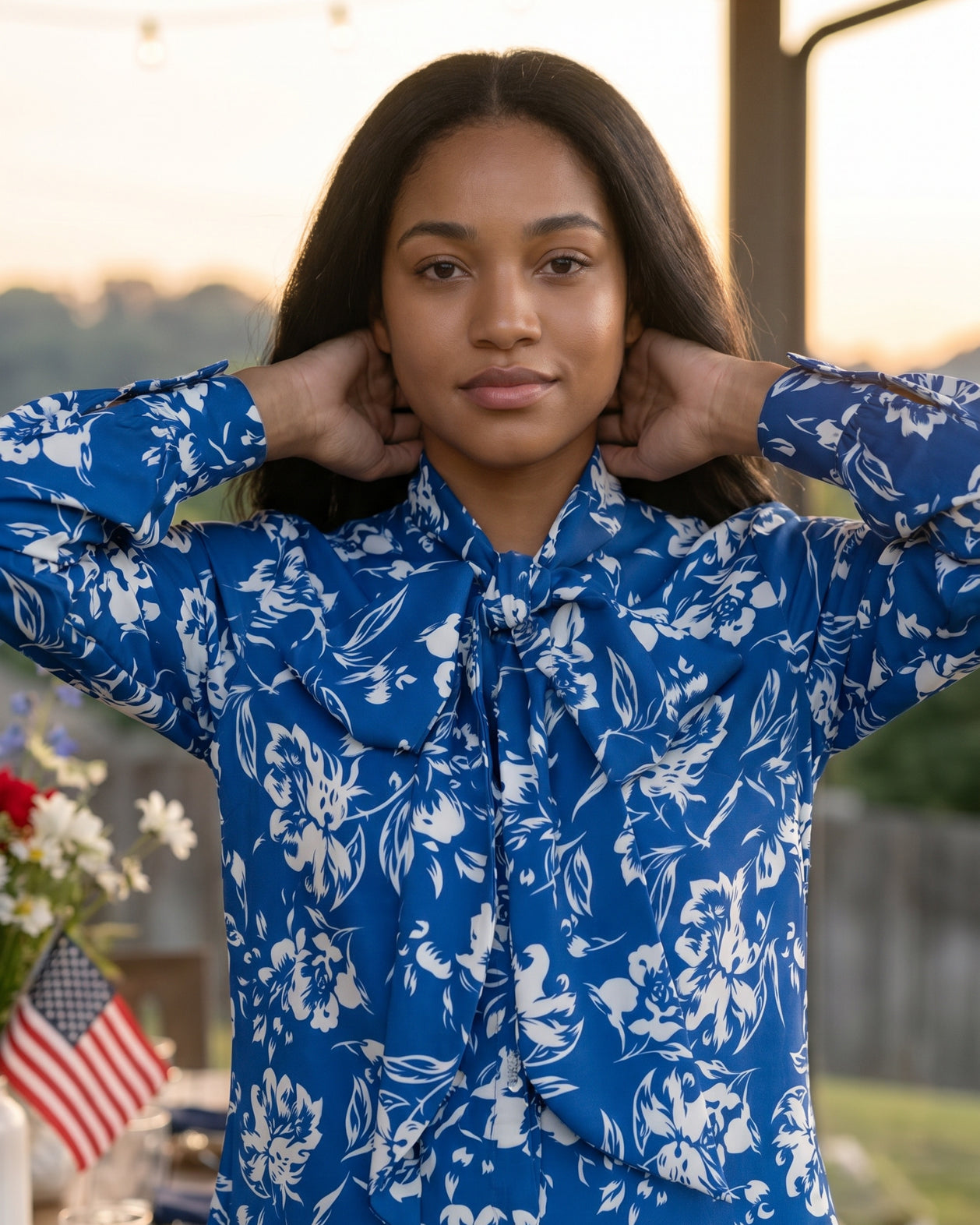 Nuggles® Felicity Bow Top in Royal Bloom floral womens blouse