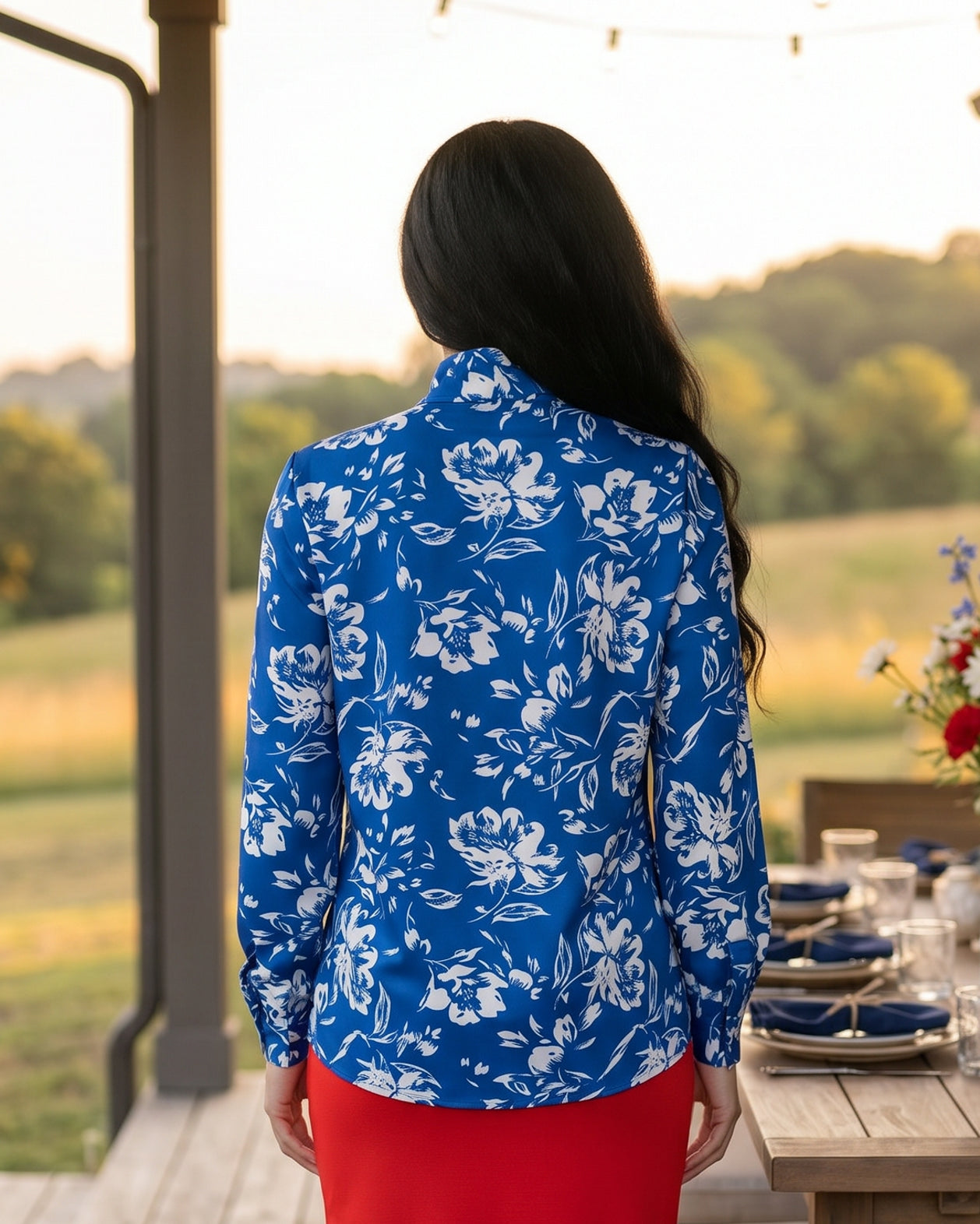 Nuggles® Felicity Bow Top in Royal Bloom floral womens blouse