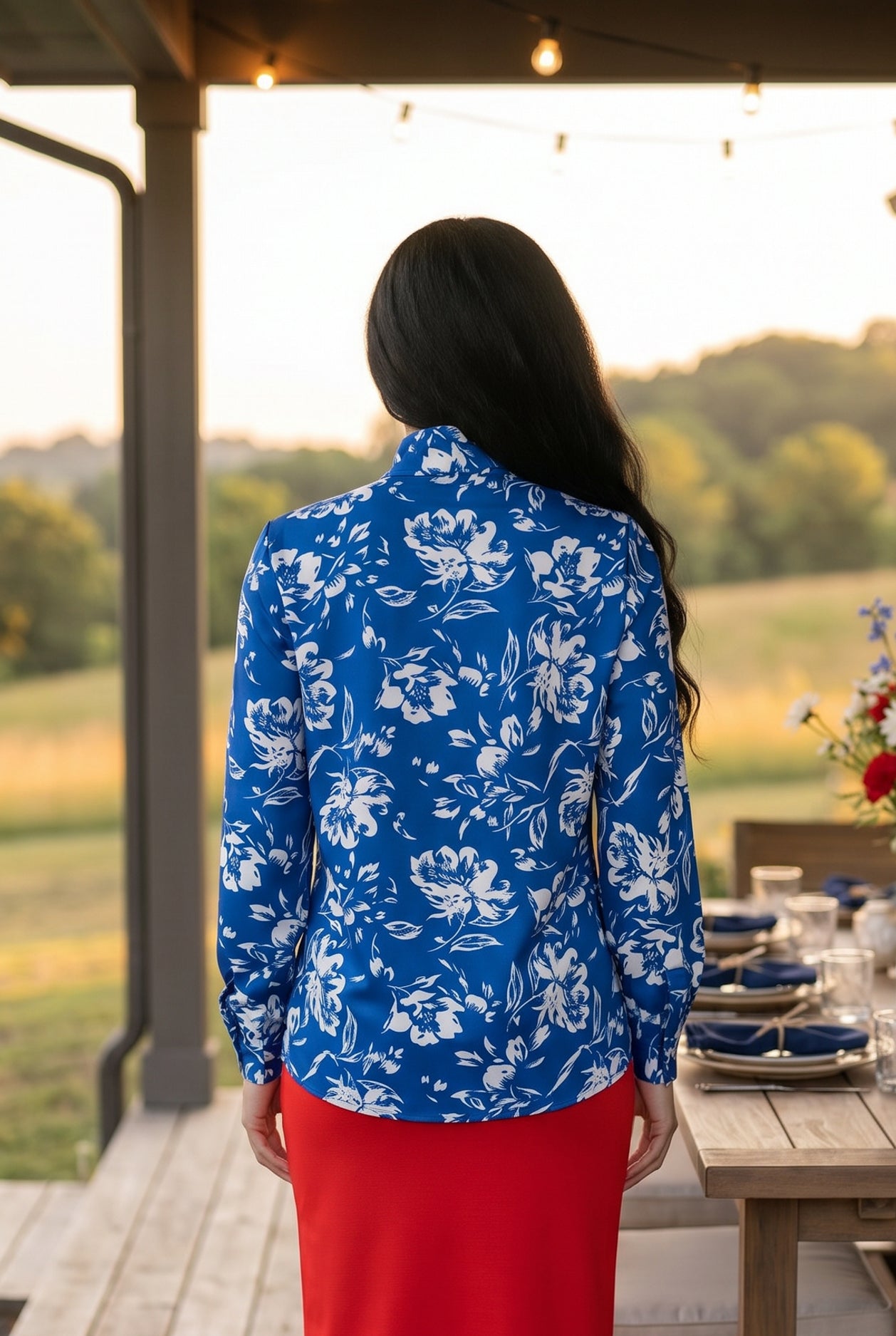 Nuggles® Felicity Bow Top in Royal Bloom floral womens blouse