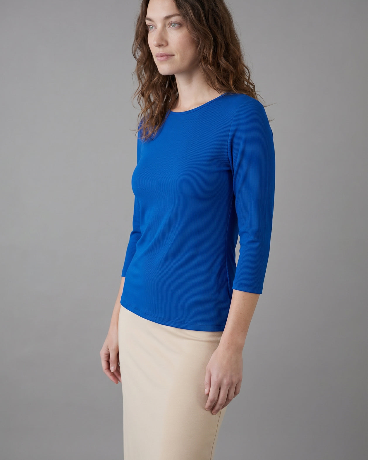 Model wearing Nuggles® 3/4 Essential Ribbed Tee in Royal Blue
