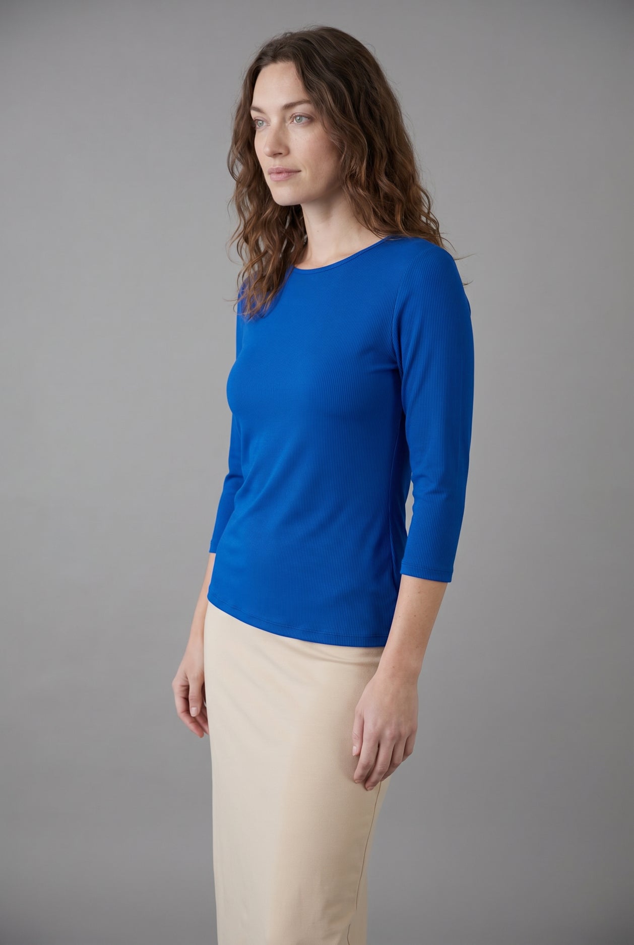 Model wearing Nuggles® 3/4 Essential Ribbed Tee in Royal Blue