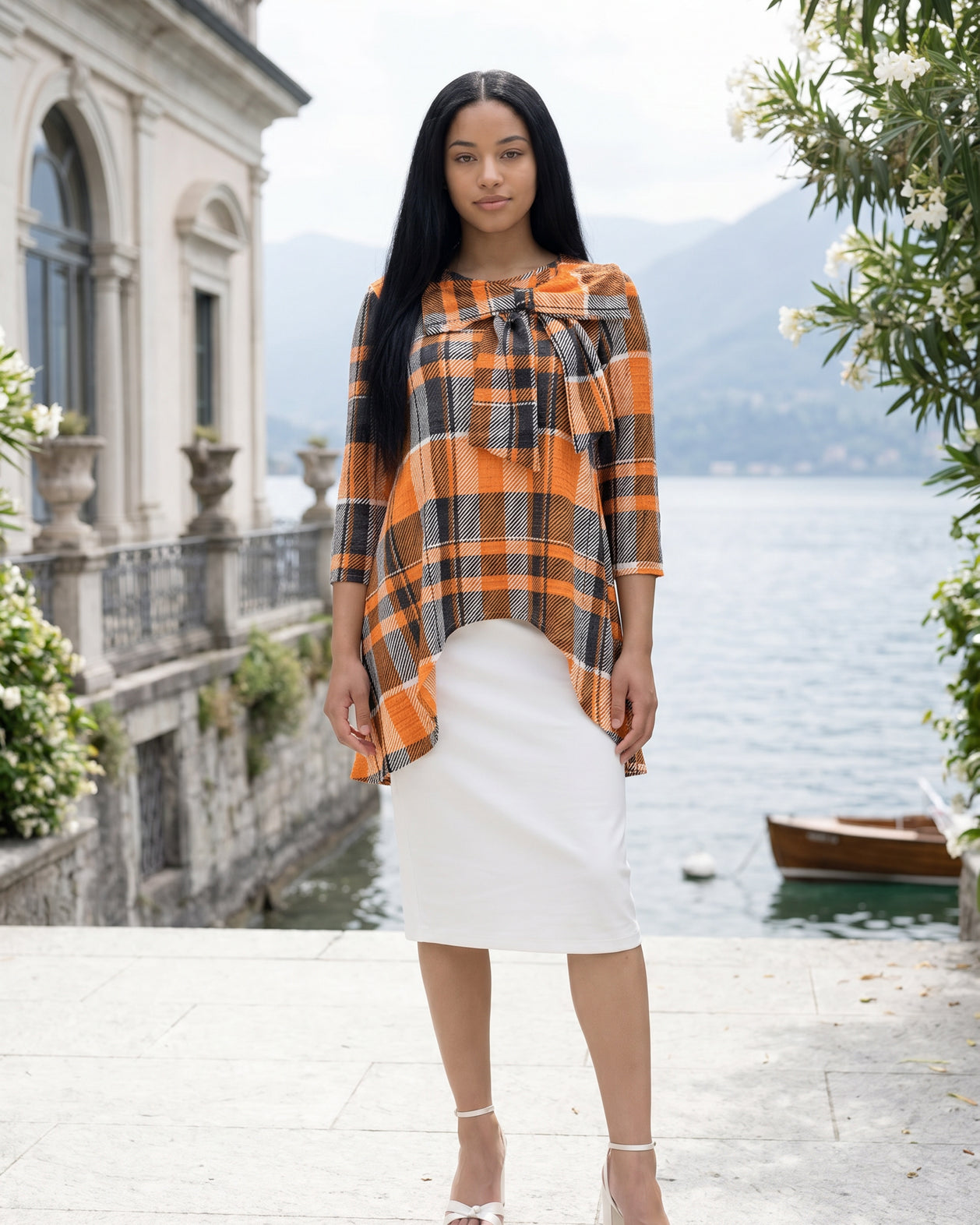Nuggles Eleanor Top in Rusty Roo, warm rust-toned patterned modest top with signature bow neckline