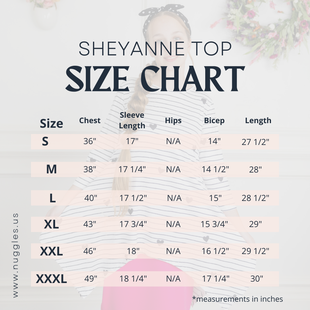 Nuggles® women's modest clothing size chart – detailed measurements for tops, to help choose the perfect fit.