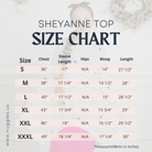 Nuggles® women's modest clothing size chart – detailed measurements for tops, to help choose the perfect fit.