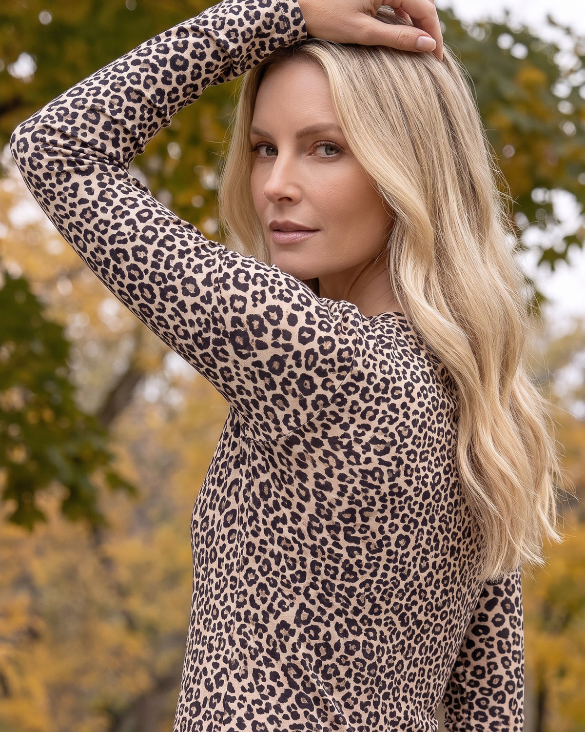 Model wearing Nuggles® Long Sleeve Essential Tee in Safari
