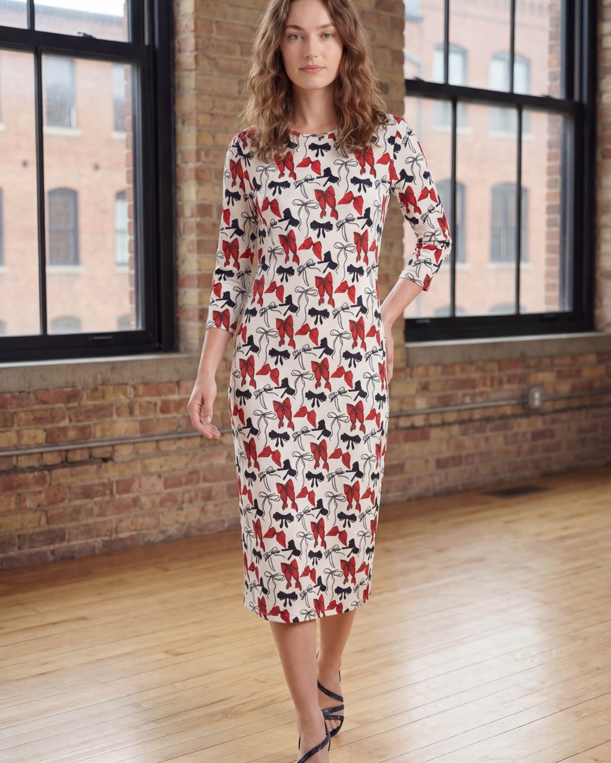 Model wearing Nuggles® Midi Layering Dress in Scarlet Sketch