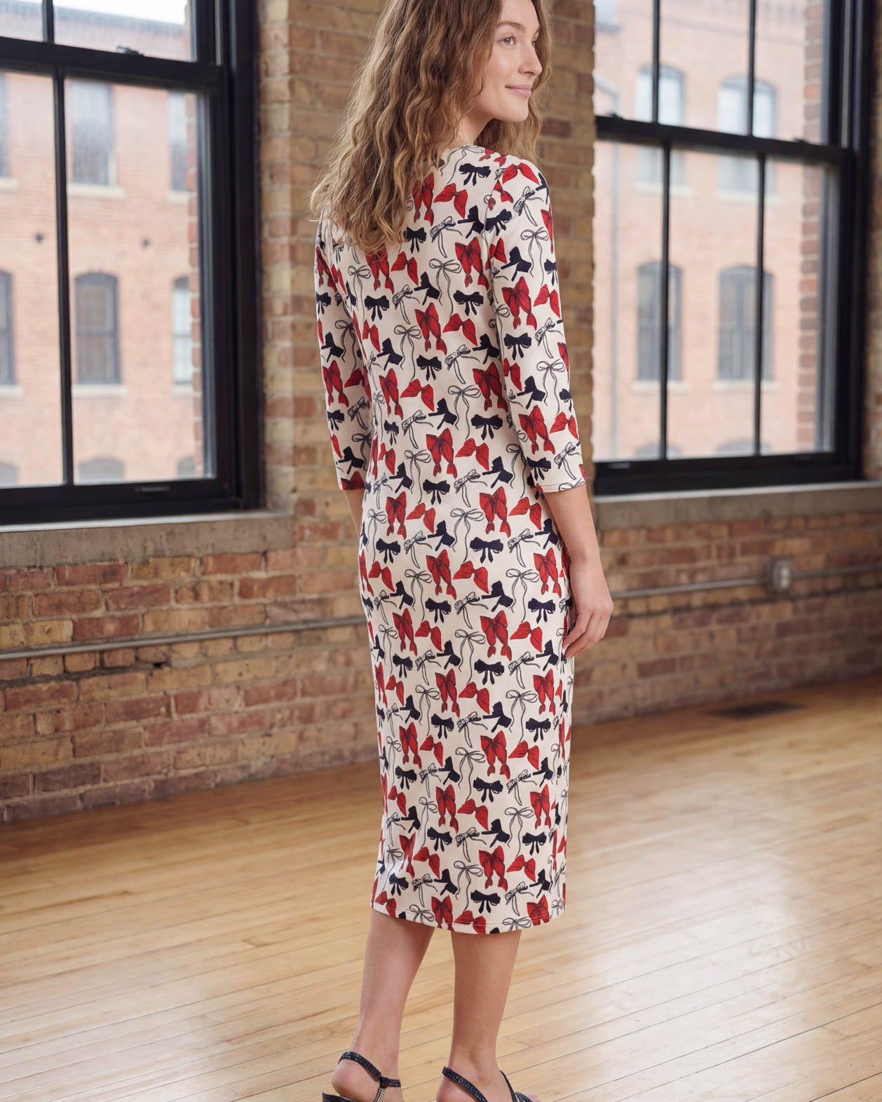 Model wearing Nuggles® Midi Layering Dress in Scarlet Sketch