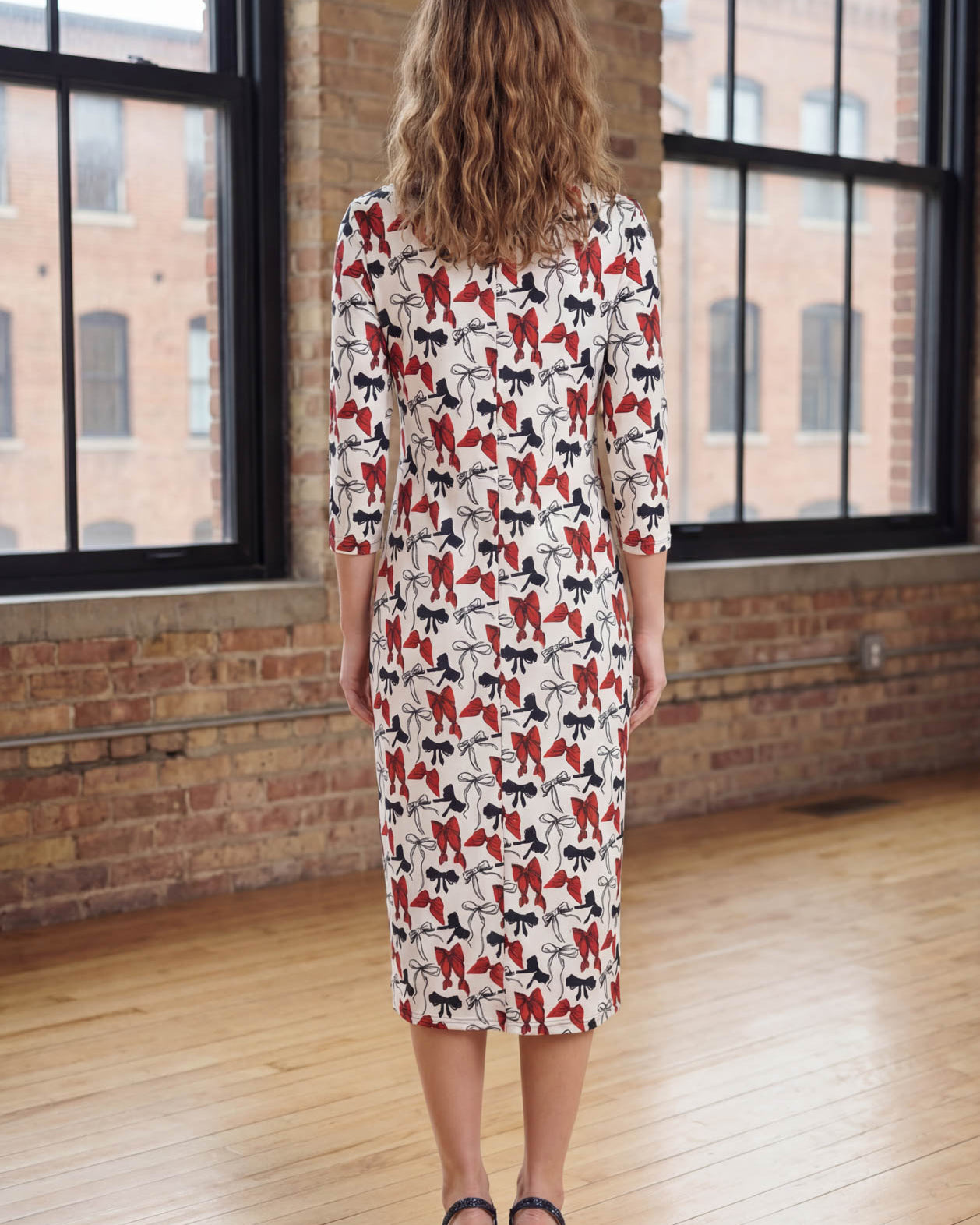 Model wearing Nuggles® Midi Layering Dress in Scarlet Sketch