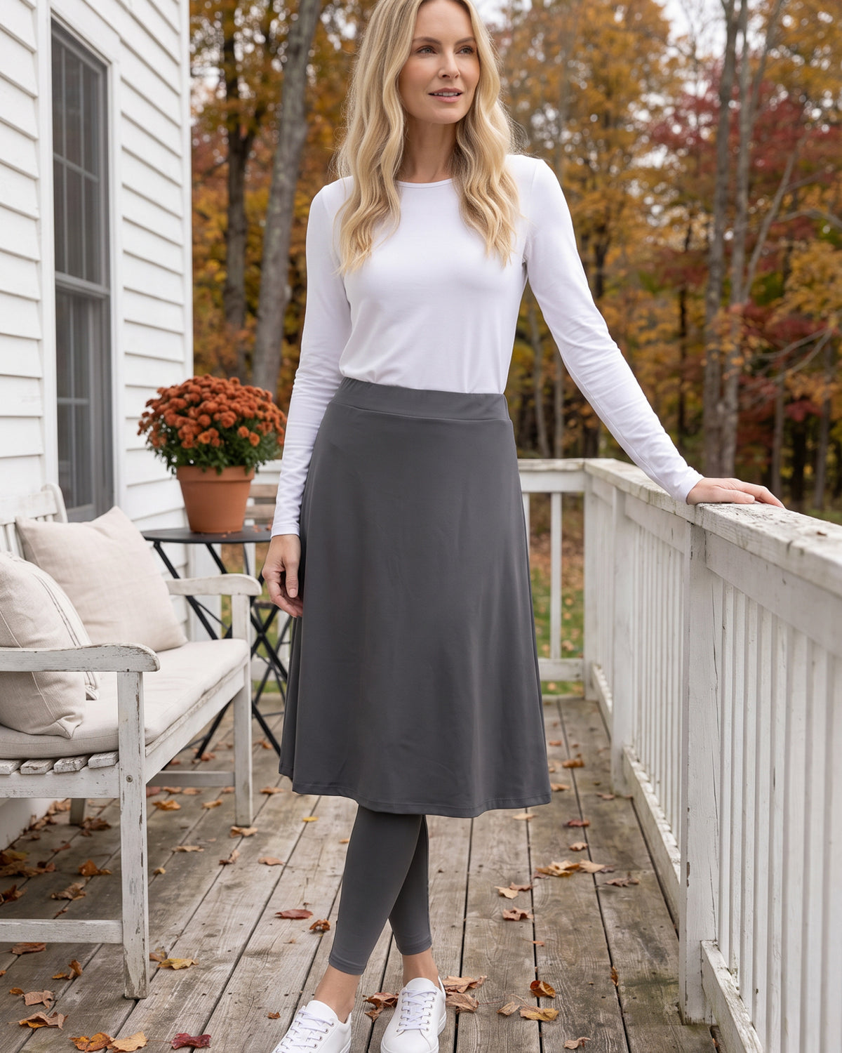 Model wearing Nuggles® Tilly Sport Skirt in Slate Grey