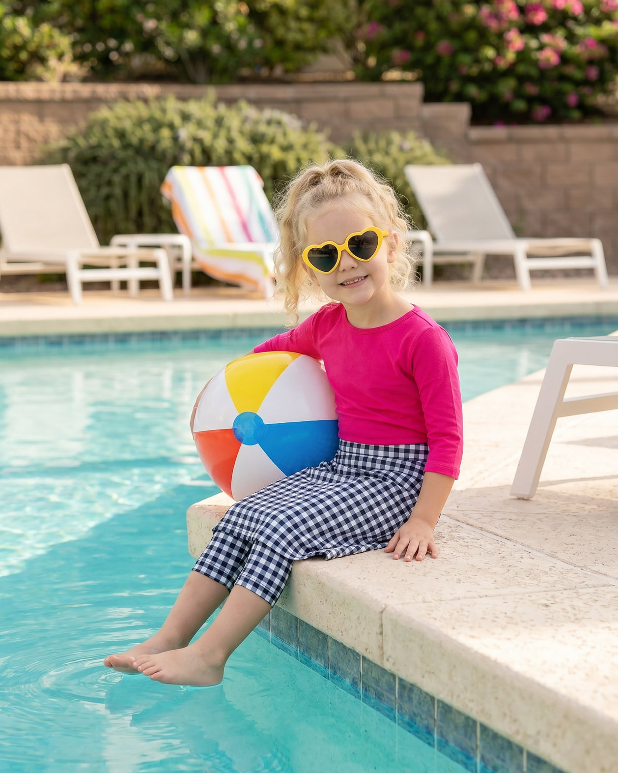 A picture of a young girl beside a pool with a beach ball wearing a modest skort with a coordinating hot pink shirt.