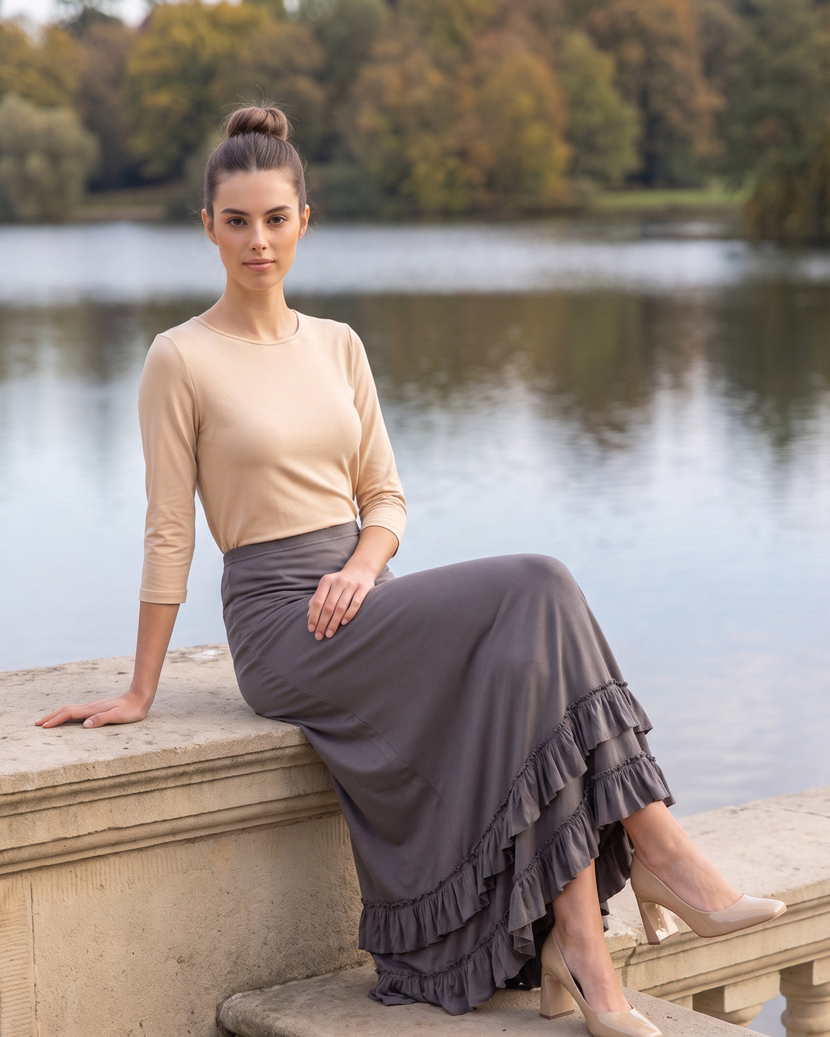 Model wearing Nuggles® Callie Skirt in Steel Gray