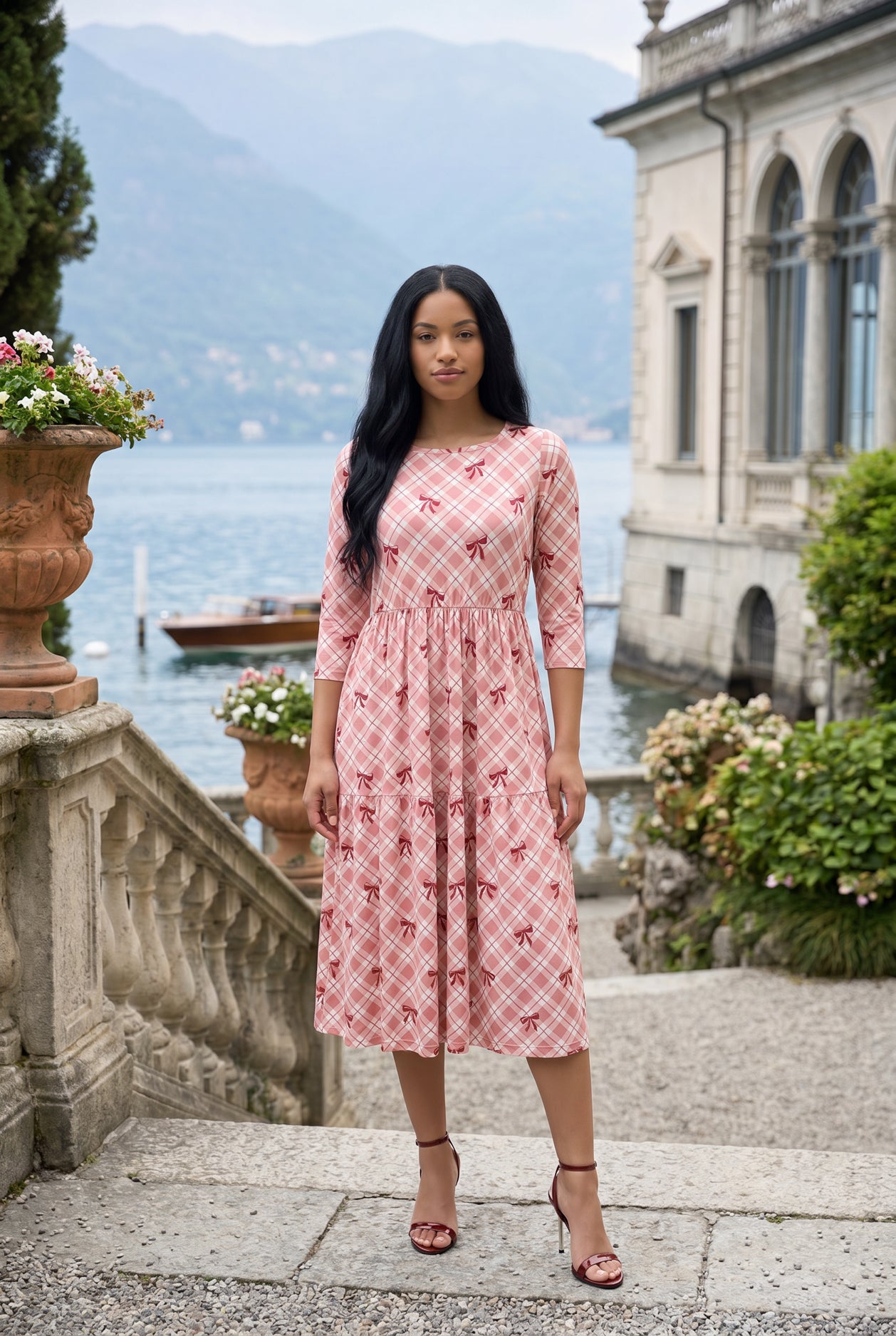 Sugar Bow Nova Dress by Nuggles, modest 3/4-sleeve cotton midi in sweet pink bow print