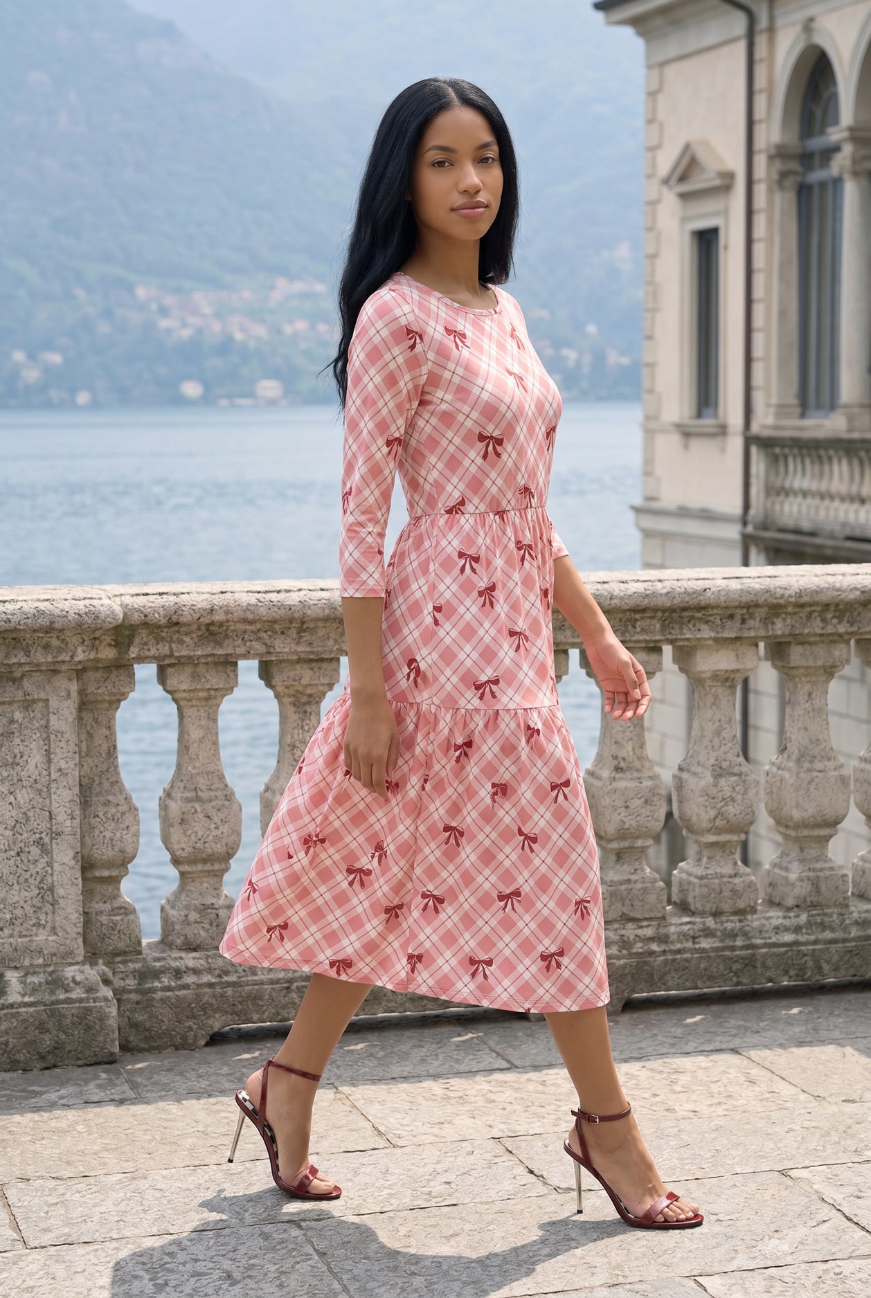 Nuggles Nova Midi Dress in Sugar Bow, soft pink bow-print modest cotton dress with 3/4 sleeves