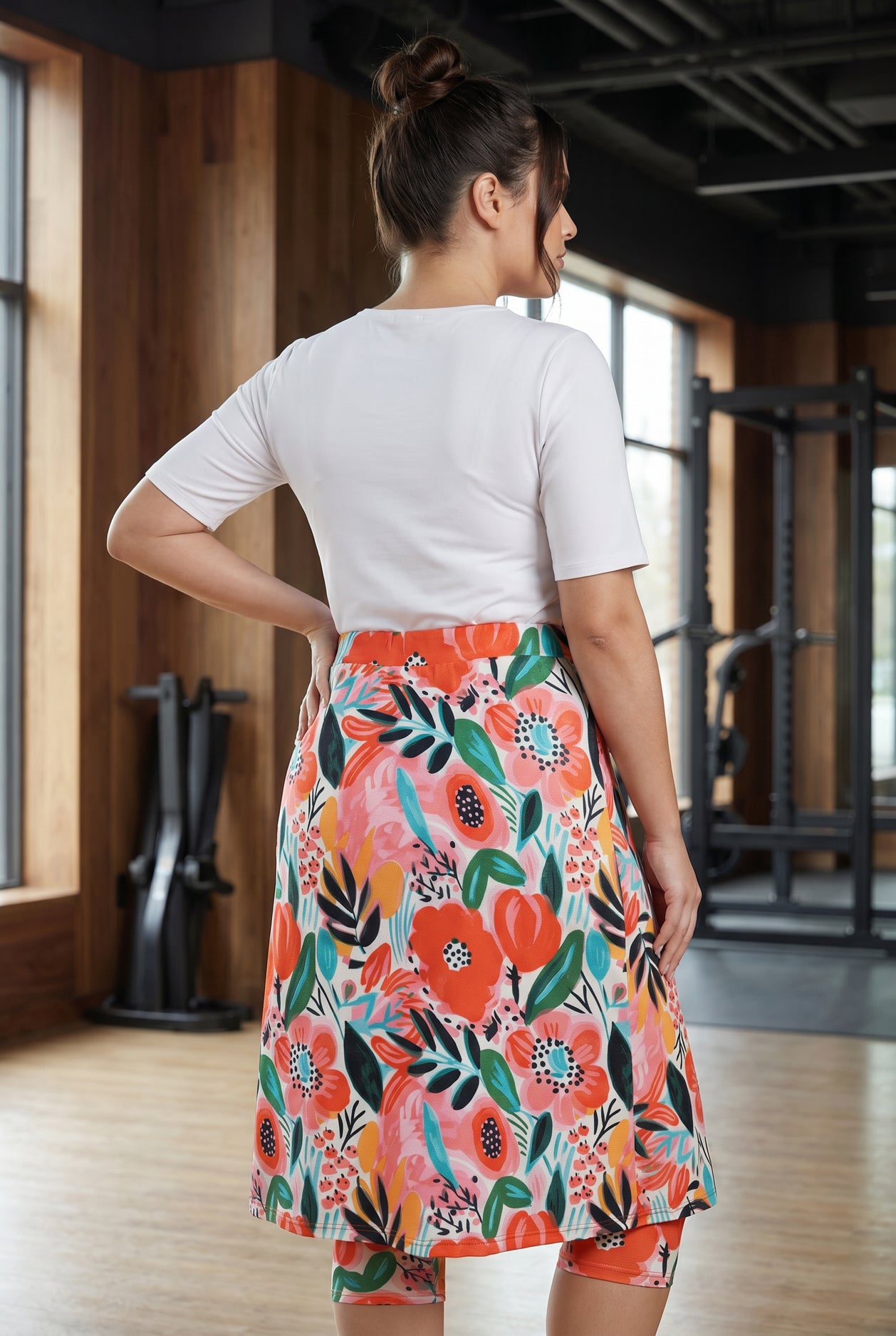 Model wearing Nuggles® 27" All-Sport Skirt in Summer Tropic