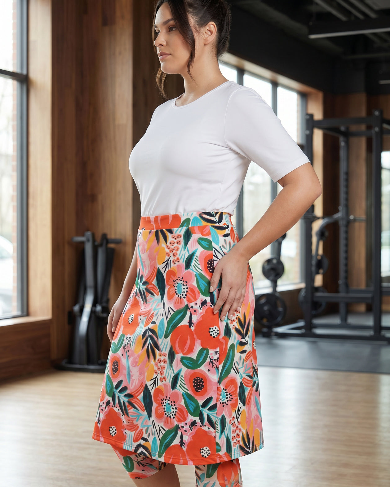 Model wearing Nuggles® 27" All-Sport Skirt in Summer Tropic
