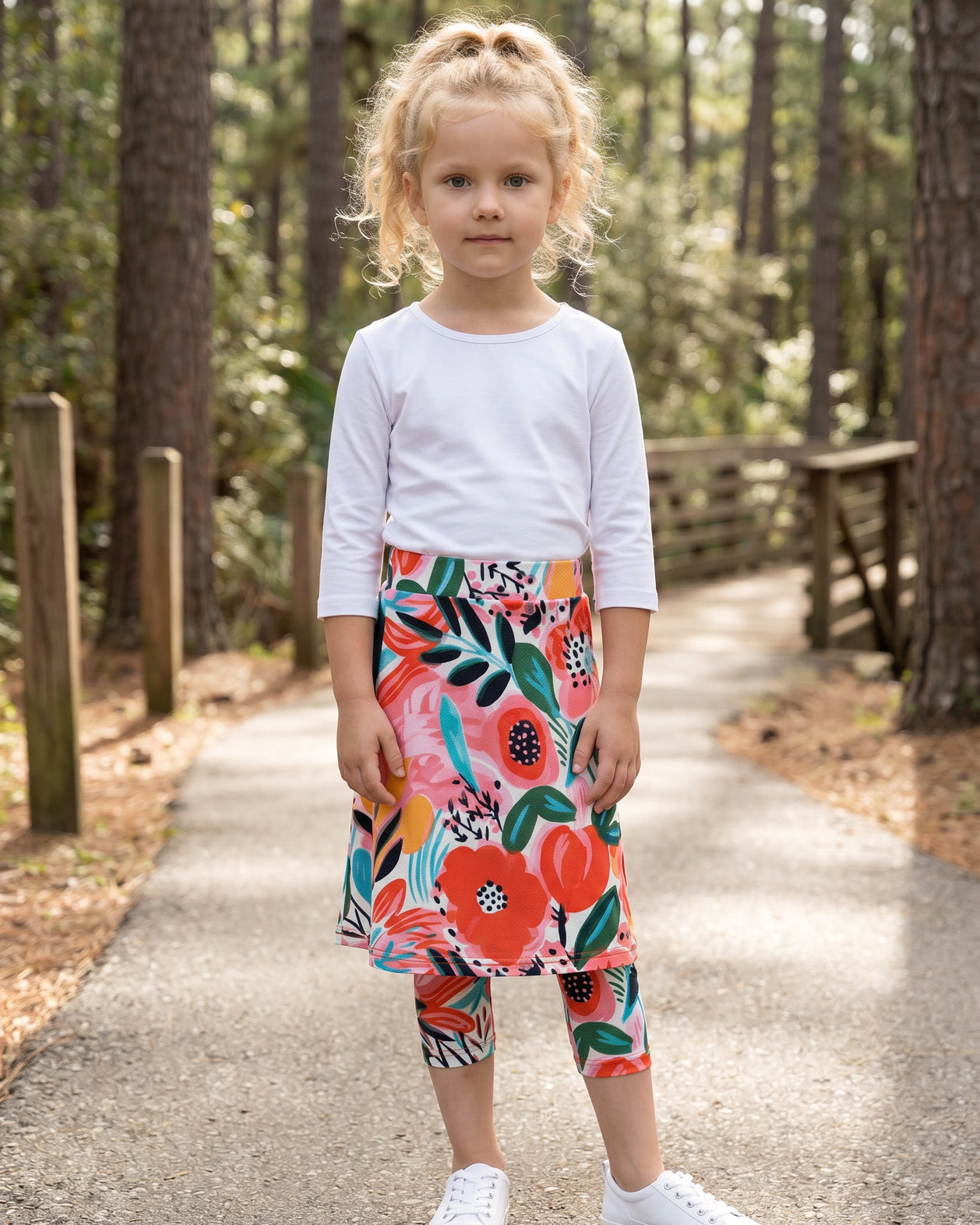 Model wearing Nuggles® Girls All-Sport Skirt in Summer Tropic