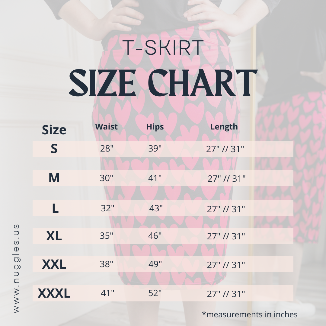 Nuggles® T-Skirt size chart with waist, hip, and length measurements in inches for sizes S to XXXL