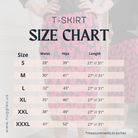 Nuggles® T-Skirt size chart with waist, hip, and length measurements in inches for sizes S to XXXL